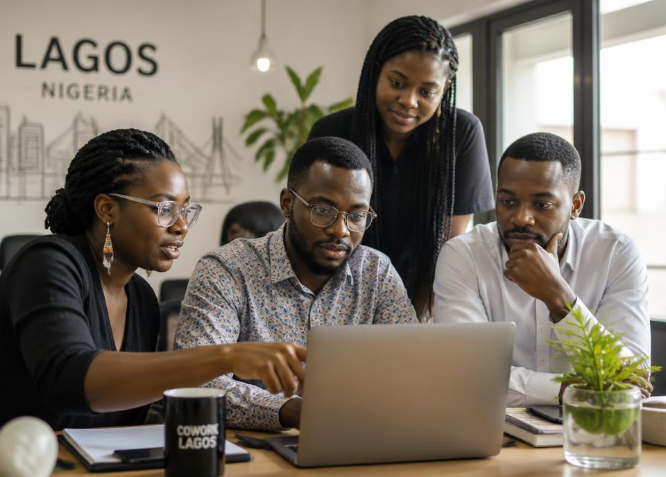 African team collaborating around a laptop in a Lagos co-working office