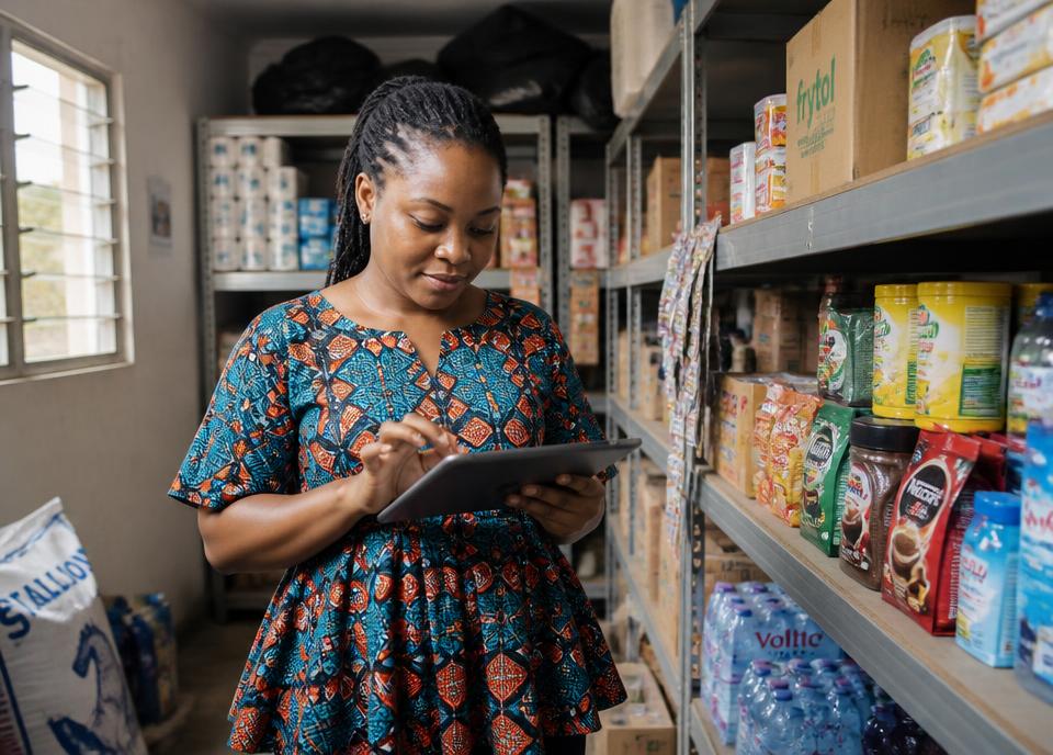 African shop owner checking inventory on a tablet