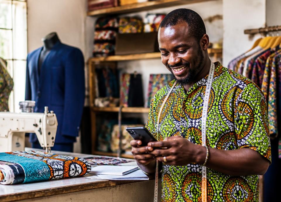 African tailor running his fabric workshop from his phone